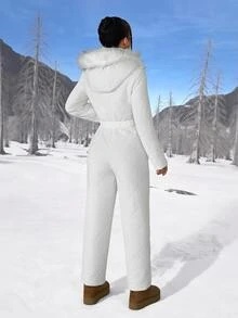 SHEIN PETITE Women's Winter Hooded Warm Jumpsuit - White - View 2