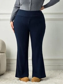 SHEIN CURVE+ Plus Size Women Solid Color Casual Versatile Daily Wear Flare Leg Pants Fall - Navy Blue - View 6