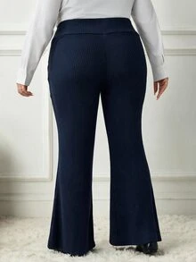 SHEIN CURVE+ Plus Size Women Solid Color Casual Versatile Daily Wear Flare Leg Pants Fall - Navy Blue - View 2