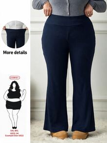 SHEIN CURVE+ Plus Size Women Solid Color Casual Versatile Daily Wear Flare Leg Pants Fall - Navy Blue - View 9