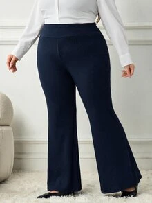 SHEIN CURVE+ Plus Size Women Solid Color Casual Versatile Daily Wear Flare Leg Pants Fall - Navy Blue - View 4