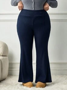SHEIN CURVE+ Plus Size Women Solid Color Casual Versatile Daily Wear Flare Leg Pants Fall - Navy Blue - View 8