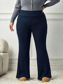 SHEIN CURVE+ Plus Size Women Solid Color Casual Versatile Daily Wear Flare Leg Pants Fall - Navy Blue - View 5