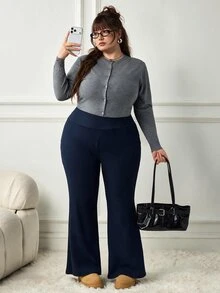 SHEIN CURVE+ Plus Size Women Solid Color Casual Versatile Daily Wear Flare Leg Pants Fall - Navy Blue - View 7