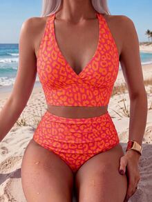 Swim Basics 2025 Women's Summer Beach Vacation Leopard Print V-Neck Tankini Bikini Set - Multicolor - View 4