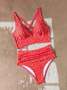 Swim Basics 2025 Women's Summer Beach Vacation Leopard Print V-Neck Tankini Bikini Set - Multicolor - View 3