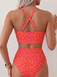 Swim Basics 2025 Women's Summer Beach Vacation Leopard Print V-Neck Tankini Bikini Set - Multicolor - View 2