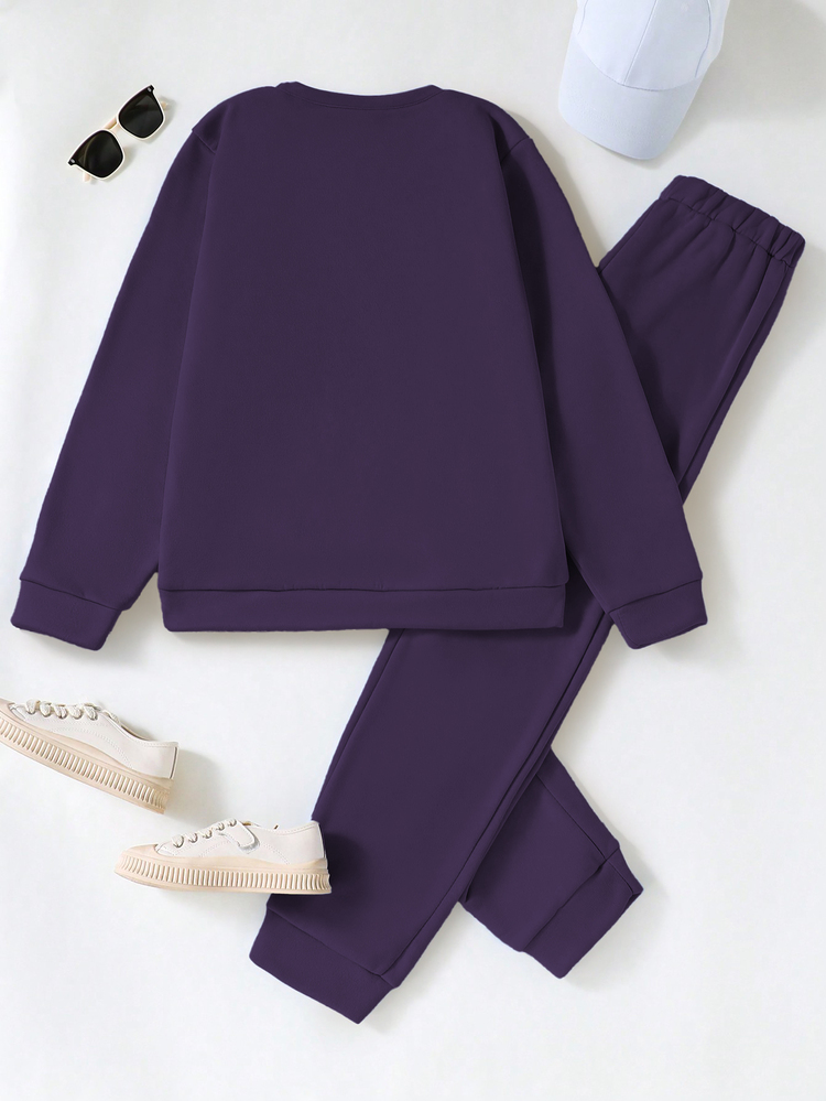 SHEIN Tween Girls 2 Piece Sweatshirt Jogger Set, California Graphic, Crew Neck Long Sleeve Fleece Lined Outfit For School, Sports, Party, Fall/Winter - Purple - View 2