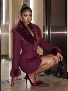 SHEIN SXY جاكيت بليزر نسائي من الفرو الناعم بتصميم رقعات كاجوال للتنقل والسفر بأكمام طويلة - عنابي اللون - مشاهدة 6