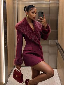 SHEIN SXY جاكيت بليزر نسائي من الفرو الناعم بتصميم رقعات كاجوال للتنقل والسفر بأكمام طويلة - عنابي اللون - مشاهدة 4