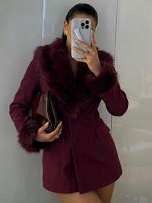 SHEIN SXY جاكيت بليزر نسائي من الفرو الناعم بتصميم رقعات كاجوال للتنقل والسفر بأكمام طويلة - عنابي اللون - مشاهدة 9