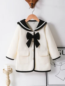 Elladie kids 女童返校服飾 幼兒秋季羊毛學院風淺杏色水手領開襟外套 3D蝴蝶結珍珠鈕扣 - 杏色 - 查看 5