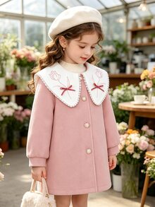 Elladie kids 少女粉色羊毛大衣，蕾絲飾邊，刺繡鬱金香圖案，3D天鵝絨蝴蝶結與珍珠鈕扣，日常、復古、優雅、度假秋季 - 粉色 - 查看 4