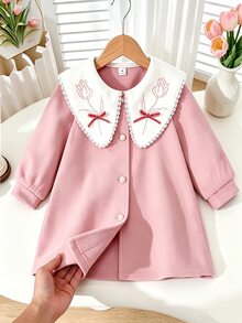 Elladie kids 少女粉色羊毛大衣，蕾絲飾邊，刺繡鬱金香圖案，3D天鵝絨蝴蝶結與珍珠鈕扣，日常、復古、優雅、度假秋季 - 粉色 - 查看 11