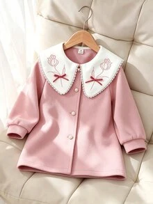 Elladie kids 少女粉色羊毛大衣，蕾絲飾邊，刺繡鬱金香圖案，3D天鵝絨蝴蝶結與珍珠鈕扣，日常、復古、優雅、度假秋季 - 粉色 - 查看 12