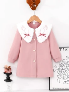 Elladie kids 少女粉色羊毛大衣，蕾絲飾邊，刺繡鬱金香圖案，3D天鵝絨蝴蝶結與珍珠鈕扣，日常、復古、優雅、度假秋季 - 粉色 - 查看 9