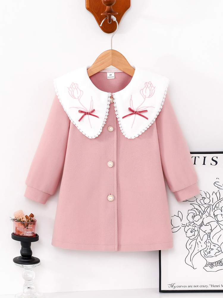 Elladie kids Young Girl Pink Wool Overcoat With Lace Trim, Embroidered Tulip Pattern, 3D Velvet Bow And Pearl Buttons, Daily, Vintage, Elegant, Vacation Autumn - Pink - View 8