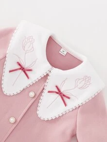 Elladie kids 少女粉色羊毛大衣，蕾絲飾邊，刺繡鬱金香圖案，3D天鵝絨蝴蝶結與珍珠鈕扣，日常、復古、優雅、度假秋季 - 粉色 - 查看 7