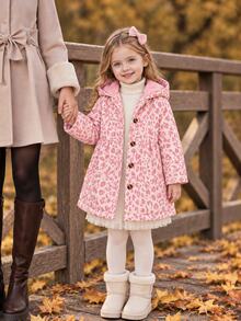 SHEIN Elladie kids 女童粉色豹紋連帽保暖內裡中長版外套，小女孩鈕扣開襟抓皺加厚夾克，秋冬款 - 粉色 - 查看 1