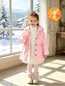 SHEIN Elladie kids 女童粉色豹紋連帽保暖內裡中長版外套，小女孩鈕扣開襟抓皺加厚夾克，秋冬款 - 粉色 - 查看 5