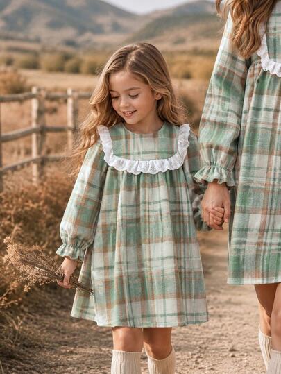 1pc Girls' Spring/Autumn Back To School Green & Brown Plaid Fresh Forest Style Mid-Weight Brushed Plaid Fabric Embroidered Lace Ruffle Round Neck Long Sleeve Dress, Back Button Design For Easy On/Off, Suitable For School, Outings, Daily Wear