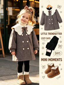 Elladie kids 女童返校服飾，女童幼兒秋季服裝，秋季羊毛可愛翻領開襟衫，雙排扣設計，3D蝴蝶結與蘑菇鈕扣裝飾，適合日常穿著，復古優雅時尚可愛套裝 - 棕色 - 查看 4