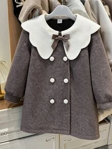 Elladie kids 女童返校服飾，女童幼兒秋季服裝，秋季羊毛可愛翻領開襟衫，雙排扣設計，3D蝴蝶結與蘑菇鈕扣裝飾，適合日常穿著，復古優雅時尚可愛套裝 - 棕色 - 查看 5