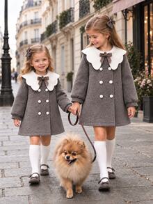 Elladie kids 女童返校服飾，女童幼兒秋季服裝，秋季羊毛可愛翻領開襟衫，雙排扣設計，3D蝴蝶結與蘑菇鈕扣裝飾，適合日常穿著，復古優雅時尚可愛套裝 - 棕色 - 查看 2