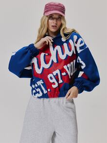 MUSERA Multi Colour Graphic Printed Oversized Hoodie Cute Daily Vintage Y2K Back To School Primary - Blue - View 2