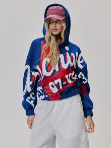 MUSERA Multi Colour Graphic Printed Oversized Hoodie Cute Daily Vintage Y2K Back To School Primary - Blue - View 1