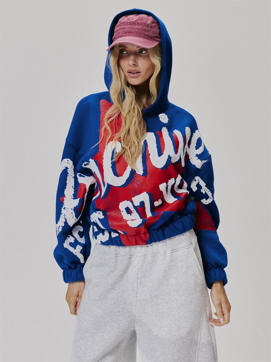MUSERA Multi Colour Graphic Printed Oversized Hoodie Cute Daily Vintage Y2K Back To School Primary - Blue - View 1