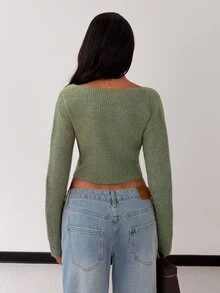 Glamine Sweater Lengan Panjang Wanita Warna Polos dengan Desain Simpul Terpilin dan Bahu Longgar - Hijau - View 2