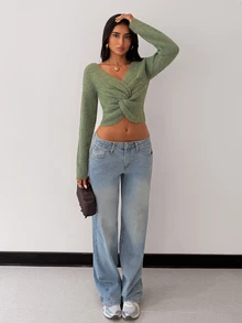 Glamine Sweater Lengan Panjang Wanita Warna Polos dengan Desain Simpul Terpilin dan Bahu Longgar - Hijau - View 13