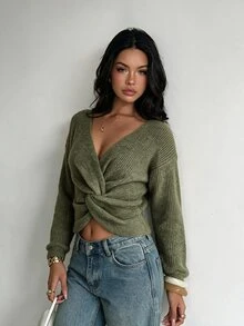 Glamine Sweater Lengan Panjang Wanita Warna Polos dengan Desain Simpul Terpilin dan Bahu Longgar - Hijau - View 6
