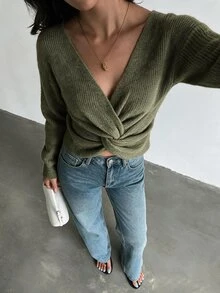 Glamine Sweater Lengan Panjang Wanita Warna Polos dengan Desain Simpul Terpilin dan Bahu Longgar - Hijau - View 10
