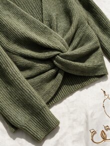 Glamine Sweater Lengan Panjang Wanita Warna Polos dengan Desain Simpul Terpilin dan Bahu Longgar - Hijau - View 9