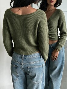Glamine Sweater Lengan Panjang Wanita Warna Polos dengan Desain Simpul Terpilin dan Bahu Longgar - Hijau - View 7