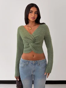 Glamine Sweater Lengan Panjang Wanita Warna Polos dengan Desain Simpul Terpilin dan Bahu Longgar - Hijau - View 5