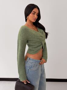 Glamine Sweater Lengan Panjang Wanita Warna Polos dengan Desain Simpul Terpilin dan Bahu Longgar - Hijau - View 1