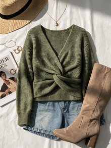 Glamine Sweater Lengan Panjang Wanita Warna Polos dengan Desain Simpul Terpilin dan Bahu Longgar - Hijau - View 12