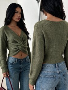 Glamine Sweater Lengan Panjang Wanita Warna Polos dengan Desain Simpul Terpilin dan Bahu Longgar - Hijau - View 8