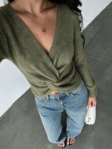 Glamine Sweater Lengan Panjang Wanita Warna Polos dengan Desain Simpul Terpilin dan Bahu Longgar - Hijau - View 11