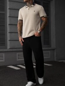 Manfinity CasualCool 男士時尚休閒短袖 Polo 衫，針織提花上衣，圖案短袖 Polo 衫，復古風格，日常休閒 - 卡其色 - 查看 5