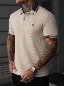 Manfinity CasualCool 男士時尚休閒短袖 Polo 衫，針織提花上衣，圖案短袖 Polo 衫，復古風格，日常休閒 - 卡其色 - 查看 4