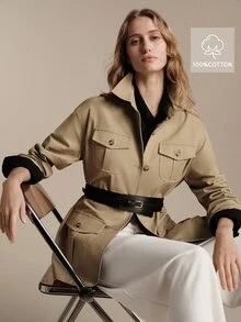 Anewsta Essential New Spring/Autumn Khaki Utility Style Casual Trench Coat Jacket, Urban Women's Lapel Multi-Pocket Dropped Shoulder Slightly Loose Cotton-Feel Commuter Jacket, Suitable For Work Commute, Shopping, Store Visiting, Short Trips, Light Outdoor, Daily Wear - Khaki - View 4