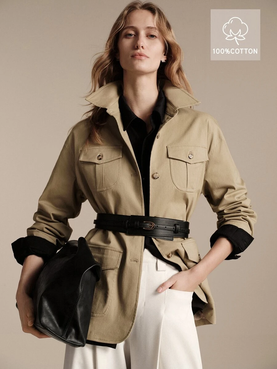 Anewsta Essential New Spring/Autumn Khaki Utility Style Casual Trench Coat Jacket, Urban Women's Lapel Multi-Pocket Dropped Shoulder Slightly Loose Cotton-Feel Commuter Jacket, Suitable For Work Commute, Shopping, Store Visiting, Short Trips, Light Outdoor, Daily Wear