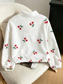 SHEIN Sparklyn 1件女童甜美活力櫻桃毛絨夾克，適合學校通勤與日常外出，秋冬立領拉鍊短版加厚珊瑚絨開襟外套 - 白色 - 查看 2