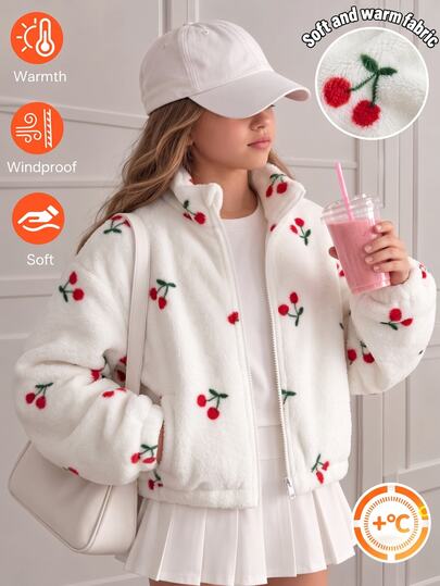 SHEIN Sparklyn 1pc Girls Sweet Energetic Cherry Plush Jacket, Suitable For School Commute Daily Outings, Autumn Winter Stand Collar Zipper Short Thickened Coral Fleece Cardigan Coat