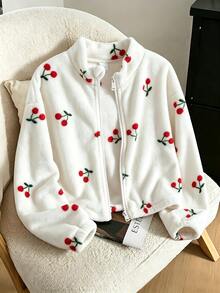 SHEIN Sparklyn 1件女童甜美活力櫻桃毛絨夾克，適合學校通勤與日常外出，秋冬立領拉鍊短版加厚珊瑚絨開襟外套 - 白色 - 查看 5