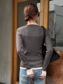 FRIFUL Women's Casual 2in1 Single-Breasted Round Neck Long Sleeve Cardigan - Grey - View 5